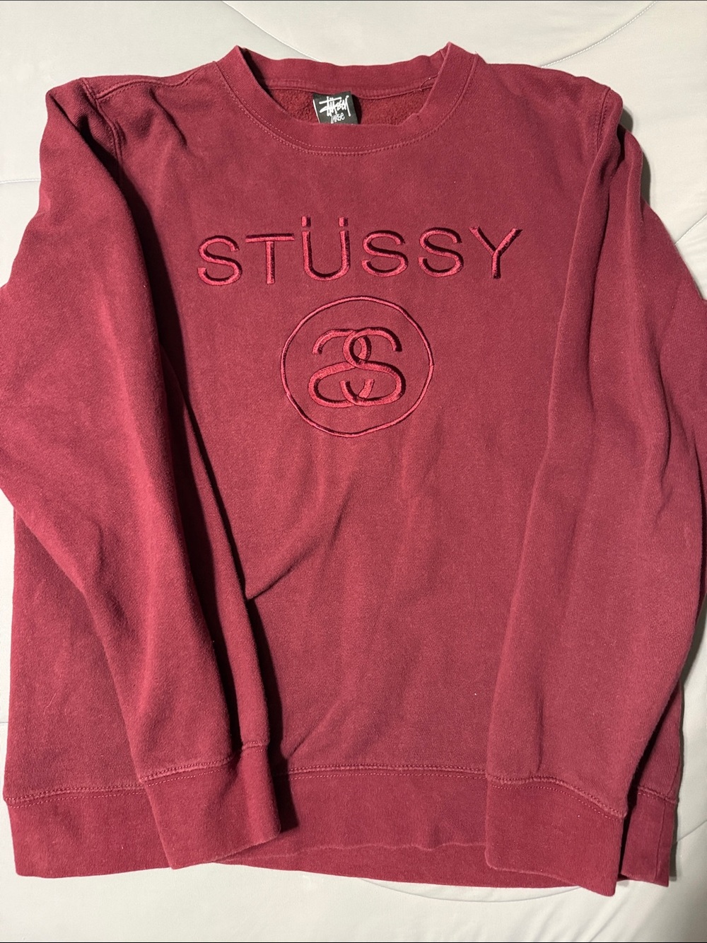 Stussy Maroon/Burgundy Embroidered Logo Crewneck Sweater
